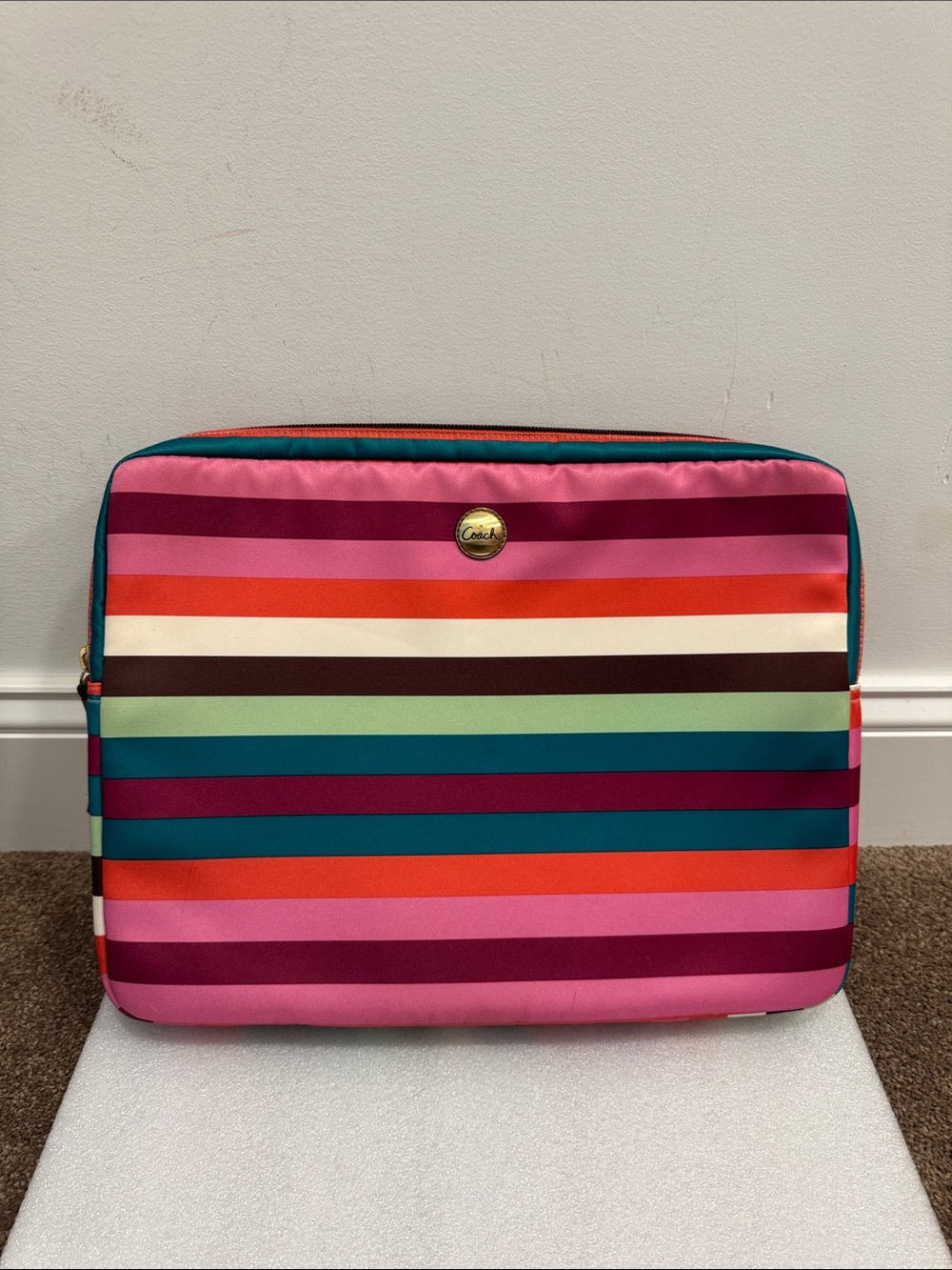 Coach Striped Laptop computer cover case Sleeve in Pink, Teal, Orange & Cream